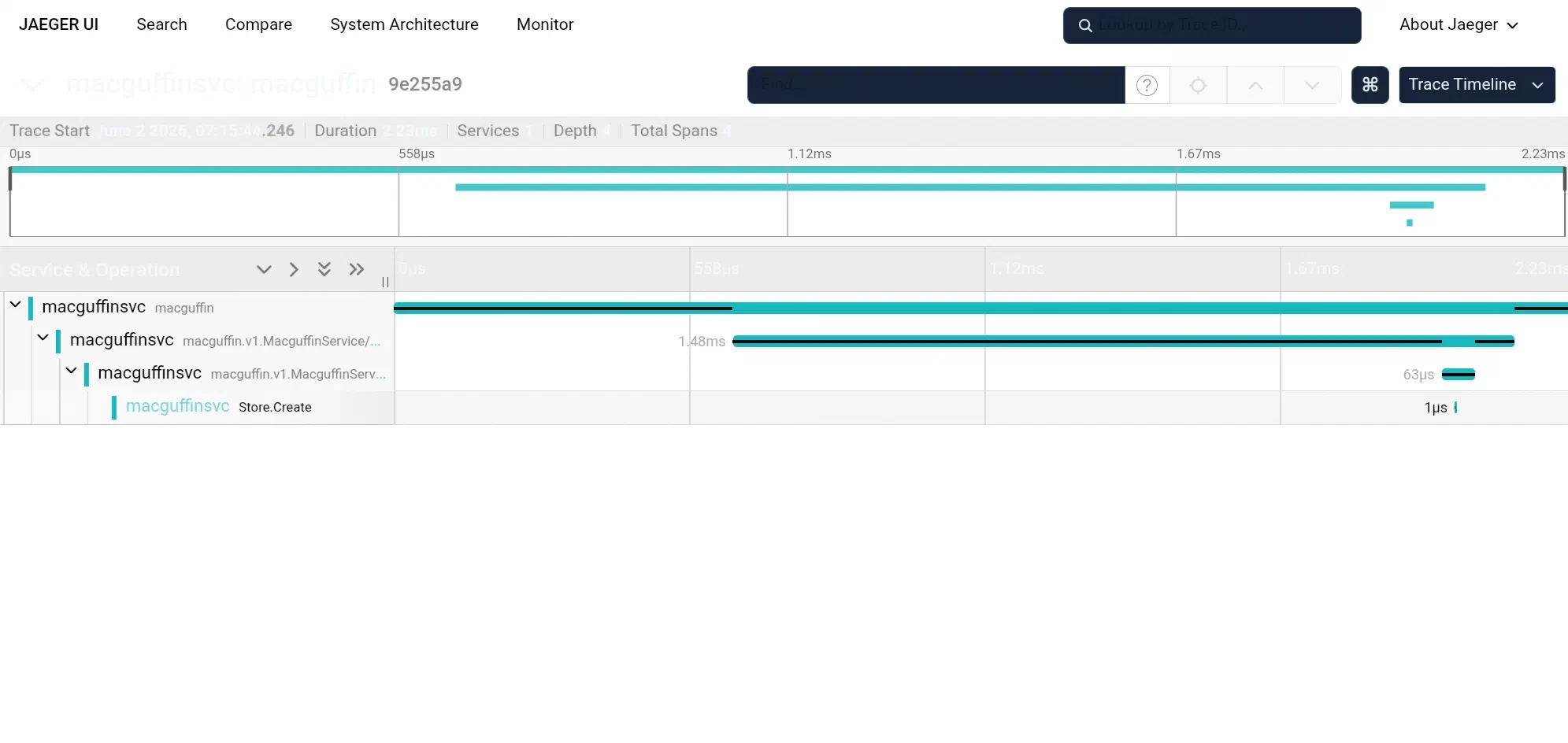 A single trace in the collector UI: the HTTP span on top, the gRPC call nested inside it, the gRPC handler inside that, and the Store.Create span at the bottom carrying the macguffin’s name and id