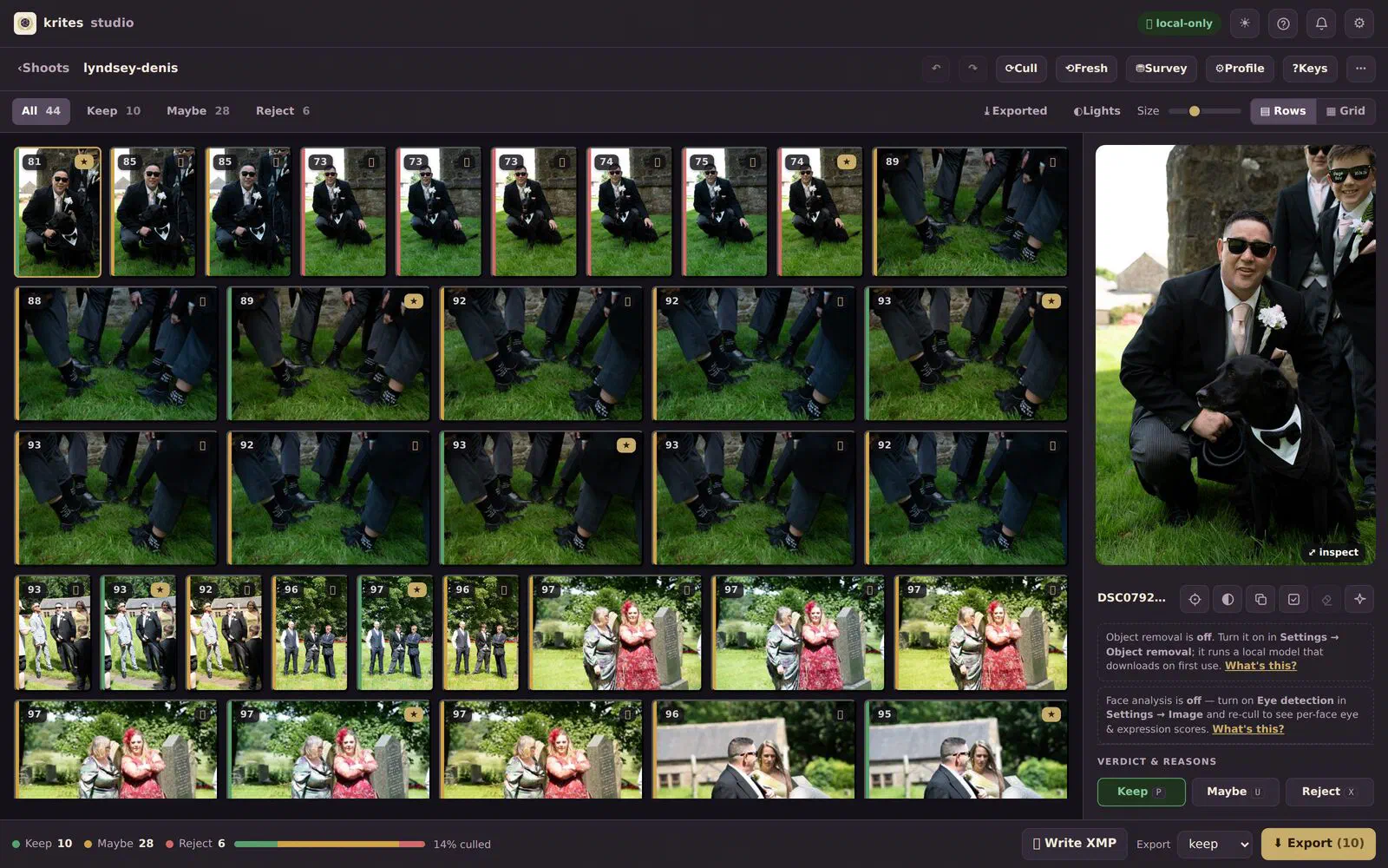 The krites studio cull grid: forty-four frames in justified rows, each with a green, amber or red verdict stripe down its left edge and its sharpness score in the corner, the selected frame open in the loupe on the right, and Keep 10 / Maybe 28 / Reject 6 along the bottom.