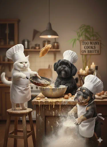 Three pets in chef’s hats wrecking a kitchen, with a proverb on a sign behind them