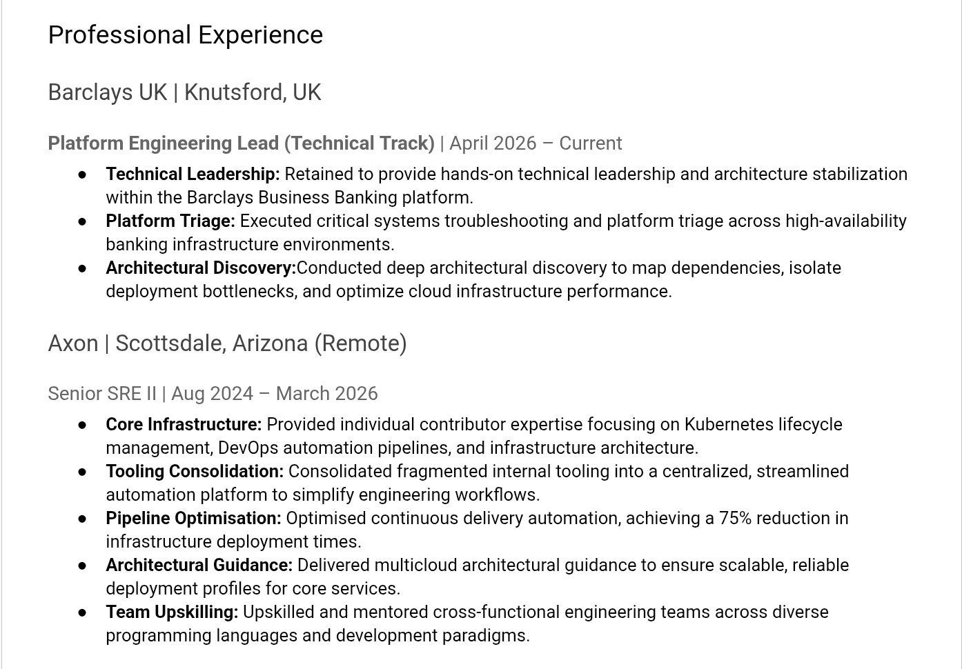 The same recent roles on the new CV. The “VP” label is gone, retitled to the technical track the work actually was, and every entry leads with the work and the numbers, the things a parser weights and a human believes.