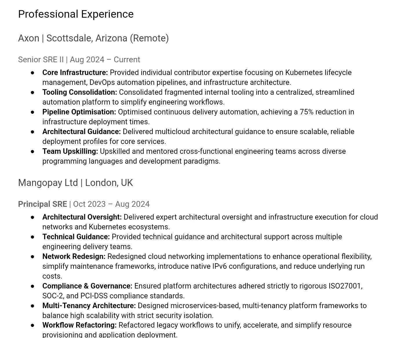 My recent roles on the new CV: each leads with the work and the numbers, in technical-track titles a parser weights and a human believes.