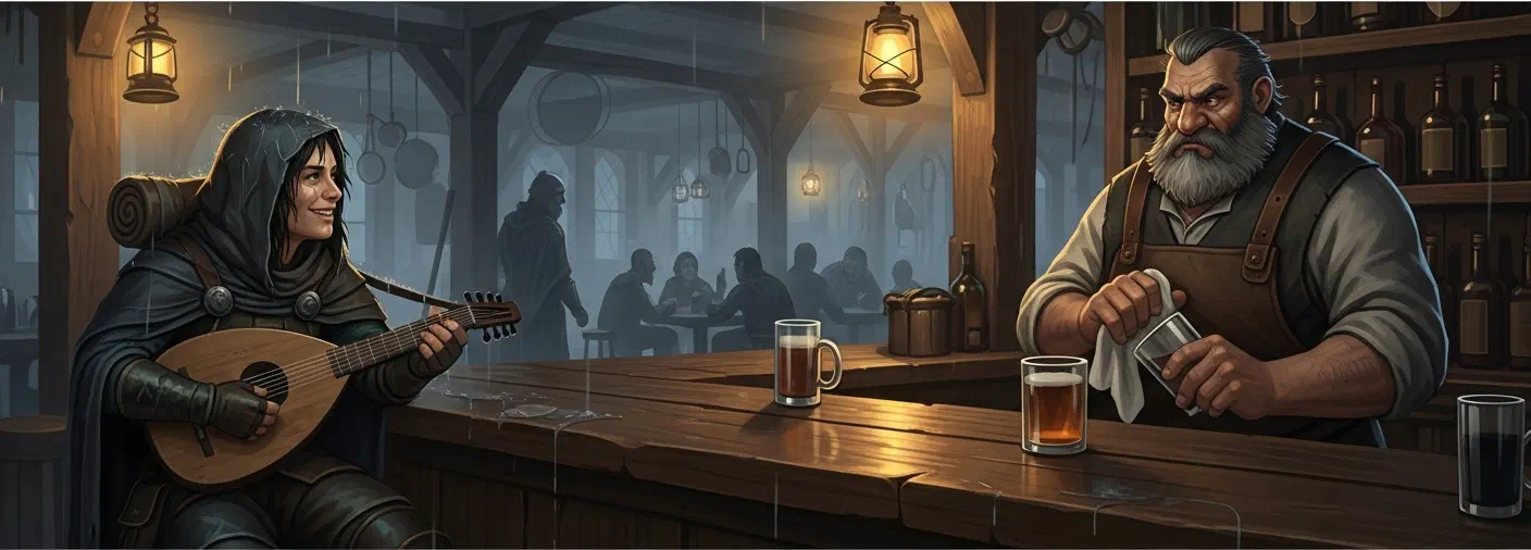 The bard, soaked and hopeful, leaning on the bar. Fargul, entirely unmoved, polishing a glass he has already finished polishing.