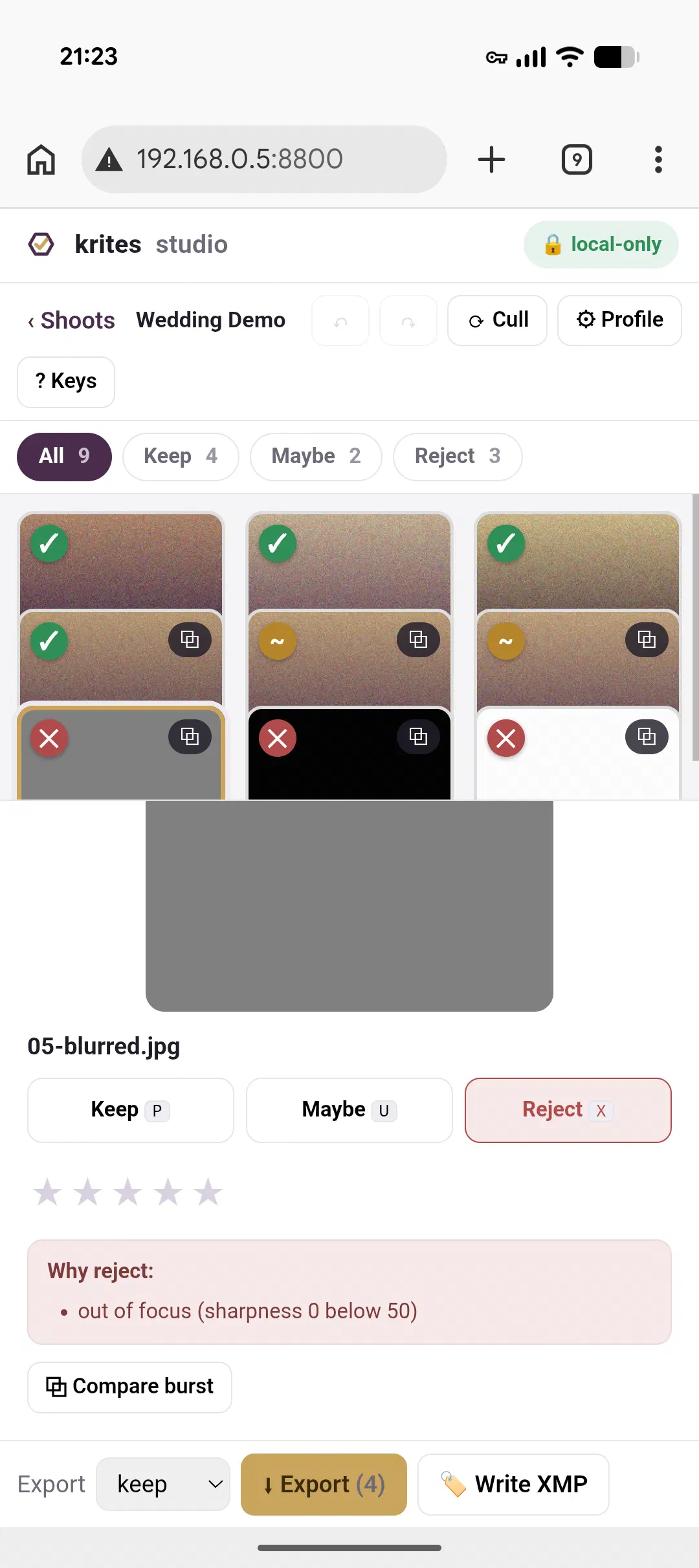 Attempt two: a three-column grid up top, preview below. Closer, but the preview pane was not earning the space it took. krites cull grid as a three-column grid above the preview pane